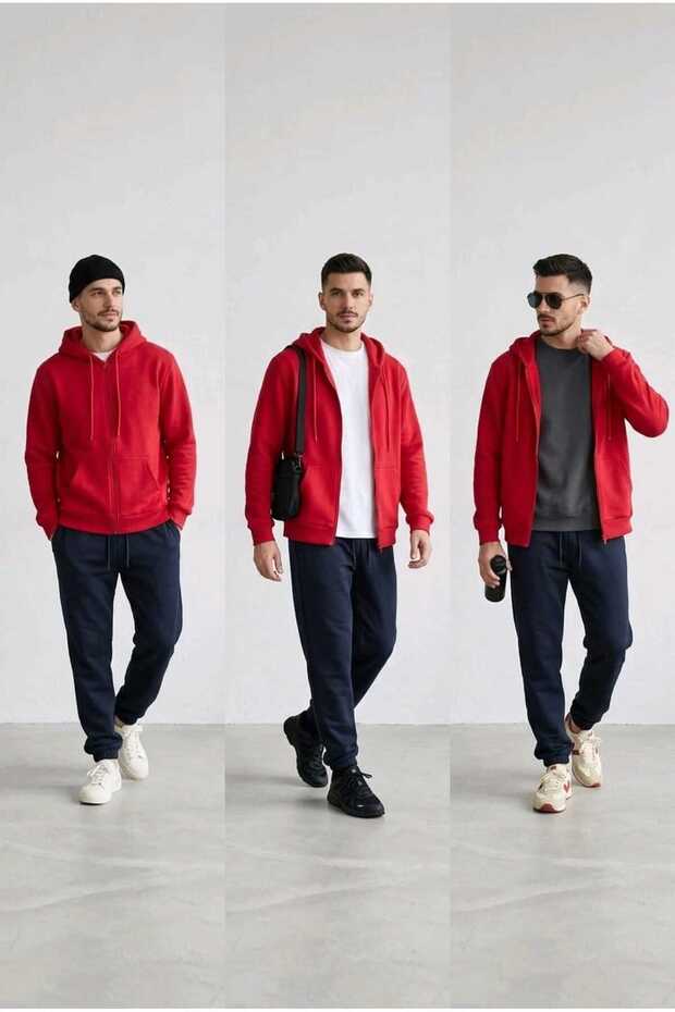 Unisex Unprinted New Season Cotton Hooded Zip-Up Jacket Tracksuit Bottoms 2-Piece Set