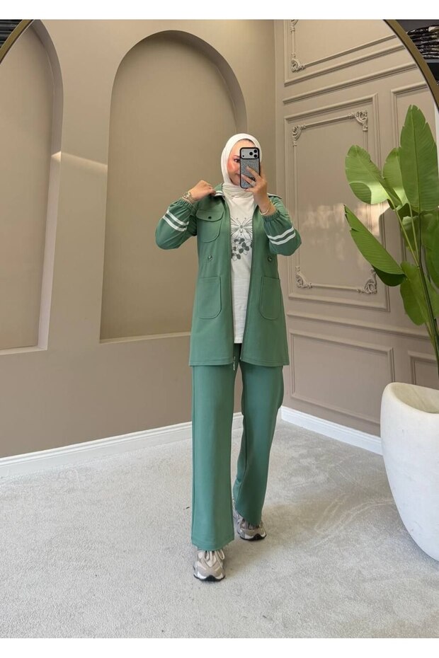 Women's 3-Piece Tracksuit Set – Long Top with Zipper Pockets, Hijab, Casual Two-Yarn Set N-05554 _ Green