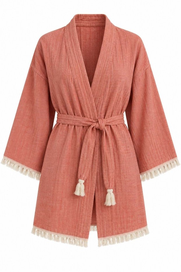 Kimono Muslin 2-Layer Peshtemal Bathrobe (Size L-Xl) - Coral