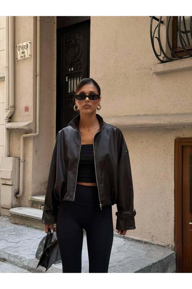 Hakim Collar Leather Jacket with Sleeves and Belt Detail Bitter Brown