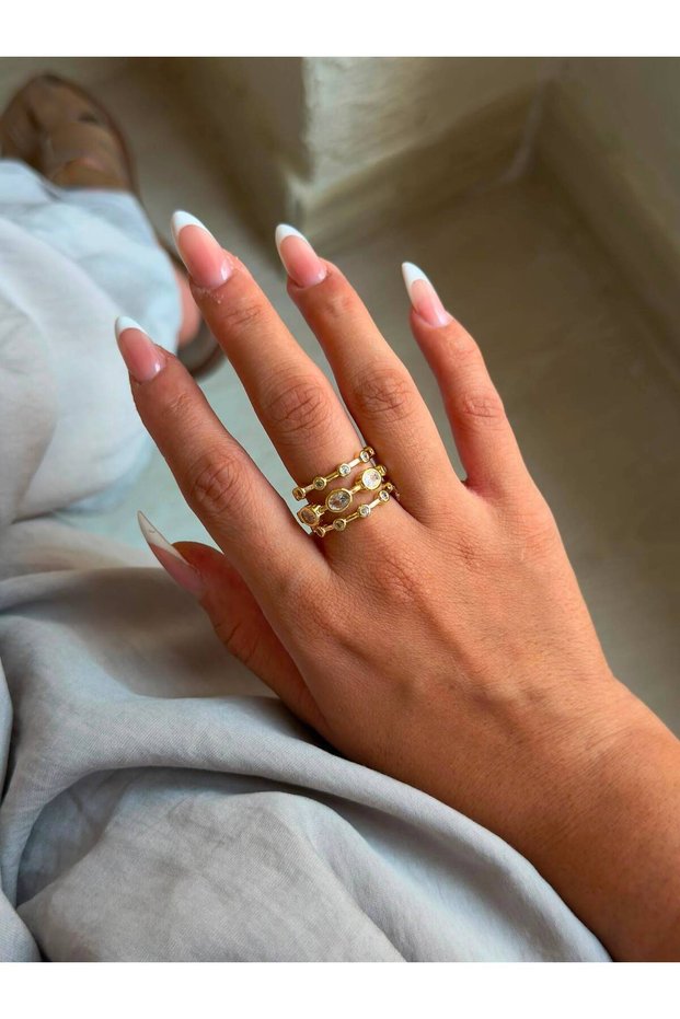 Steel Women's Ring – Gold Color Multi-Layered Zircon Stone with Large Stone Detail, Stylish and Elegant Adjustable Ring