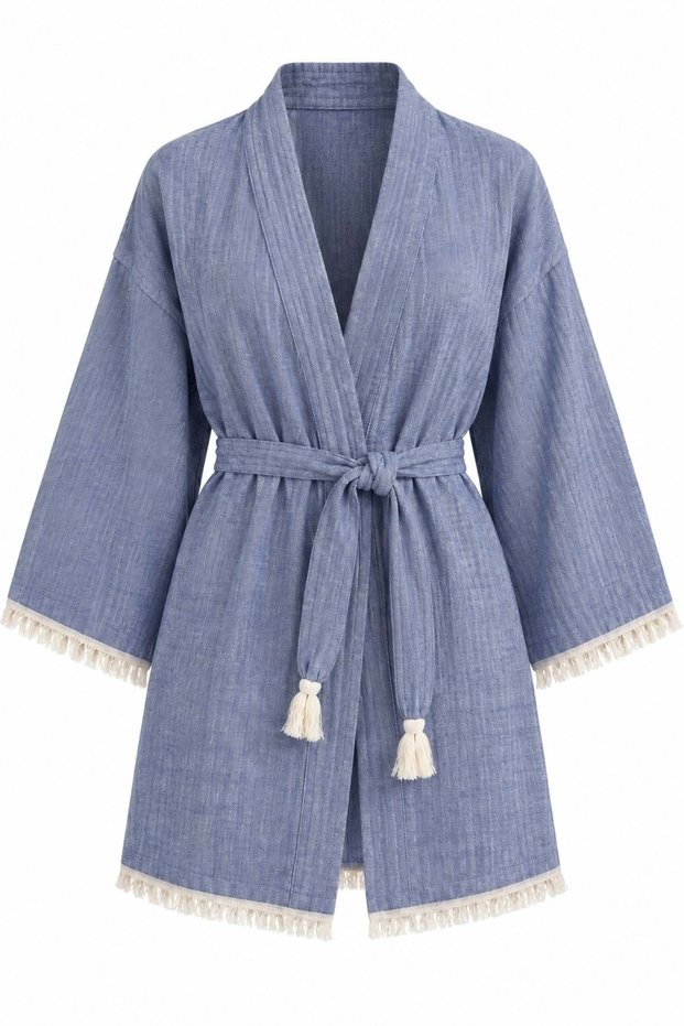 Kimono Muslin 2-Layer Peshtemal Bathrobe (Size S-M) - Blue