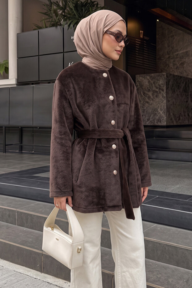Buttoned Front Fox Fur Coat 50719 - Brown