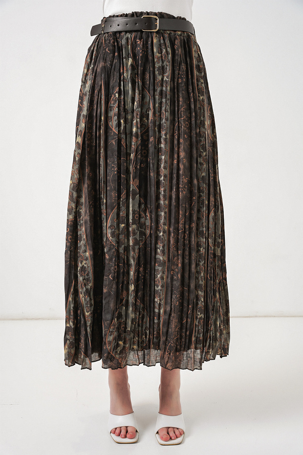 Women's Belted Patterned Skirt 8074 - Çağla