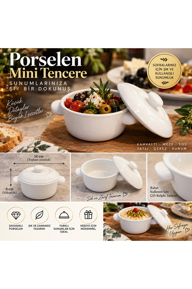 Porcelain Lid Mini Pot Presentation Bowl with Double Handles 14 cm