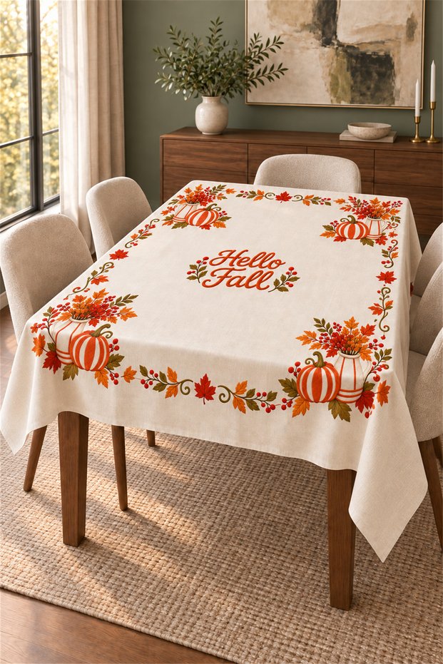 Hello Fall Pumpkin and Autumn Leaf Patterned Rectangular Tablecloth 140 X 220 cm