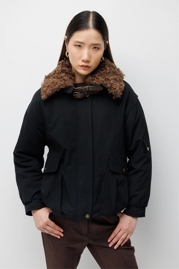 Women's Plush Collared Belted Coat Black