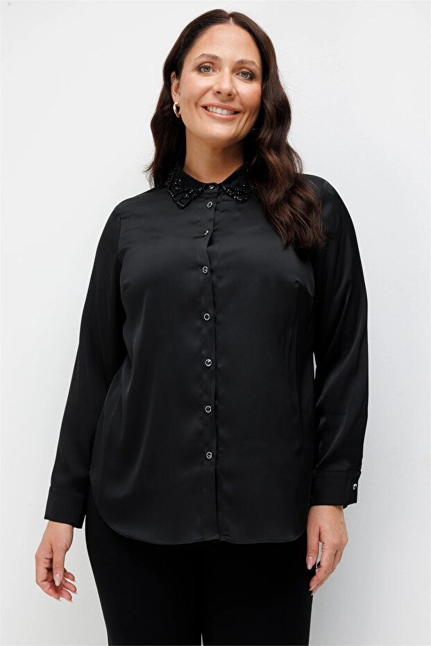 Women's Beaded Collar Shirt Black