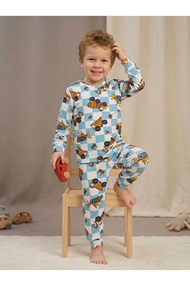 Business Machine Patterned Boys' Long Sleeve Cotton Bottom Top Pajama Set