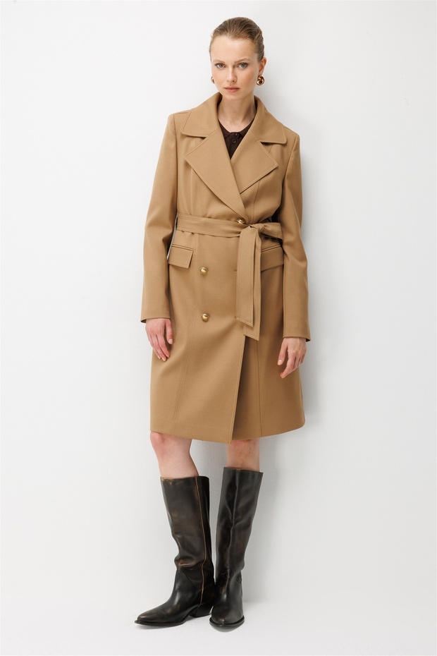 Women's Belted Trench Coat with Flap Pockets Camel