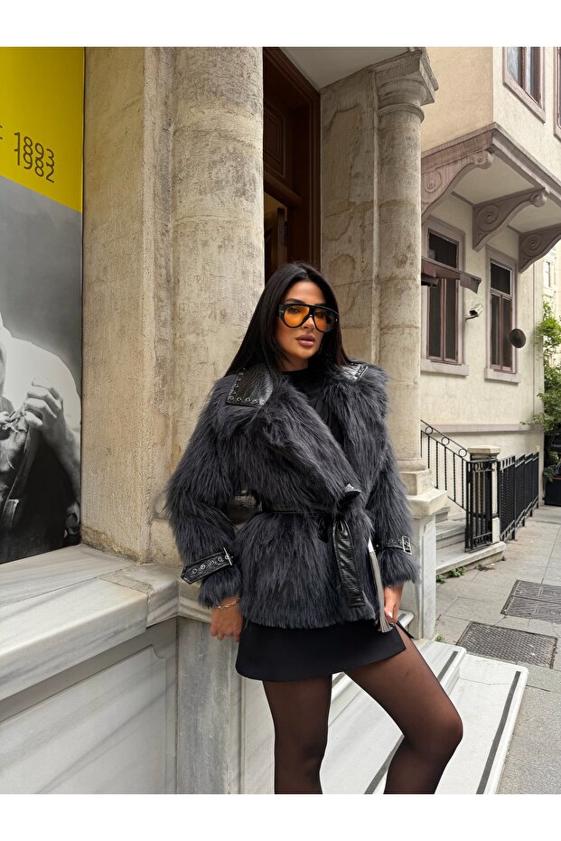 Imported Fabric, Lined Premium Fur Coat with Sleeves and Belted Leather Belt Included