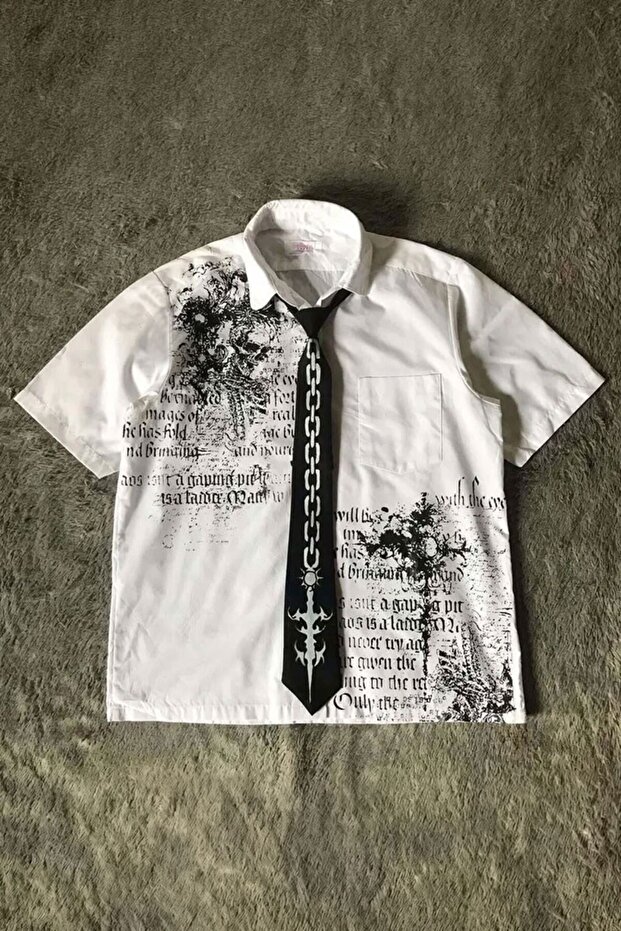 White Skull Gothic Black Tie Chain Printed Grunge Y2K Unisex Shirt