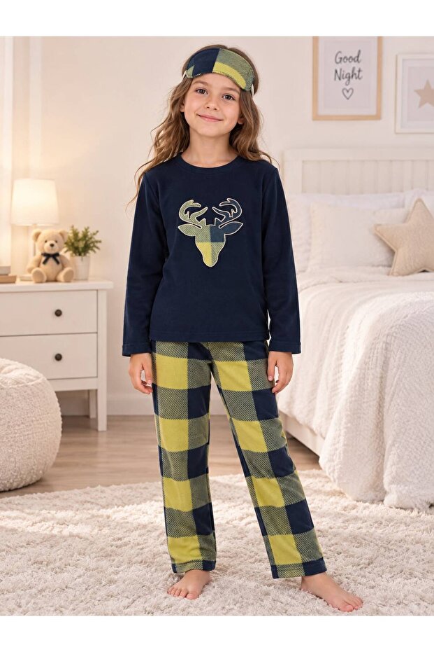 Girl's Cotton Winter Fleece Pajama Set with Sleep Band, Deer Pattern, Navy Blue Color