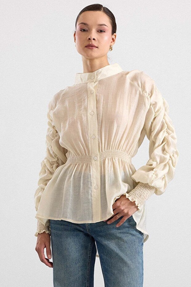 Gipe Detailed Gathered Waist Blouse Cream 9833