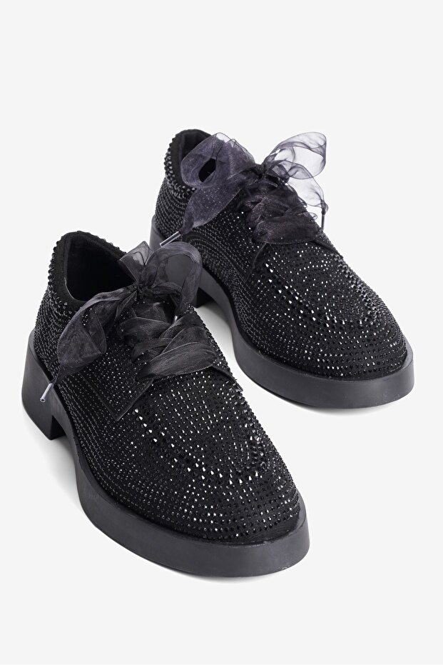Women's Suede Loafer Oxford Stoned Tulle Lace-Up Pera Black
