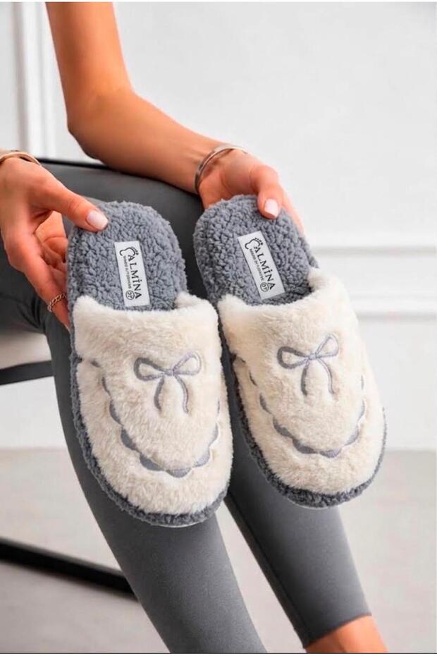Women's Plush House Slippers Soft Furry Bowknot Winter House Slippers