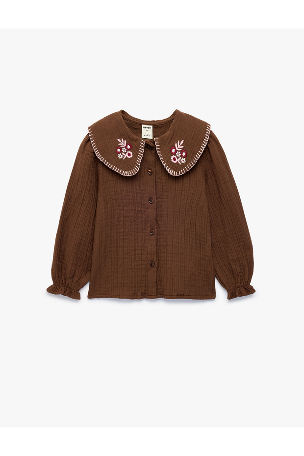 Embroidery Detailed Cotton Long Sleeve Muslin Baby Collar Shirt