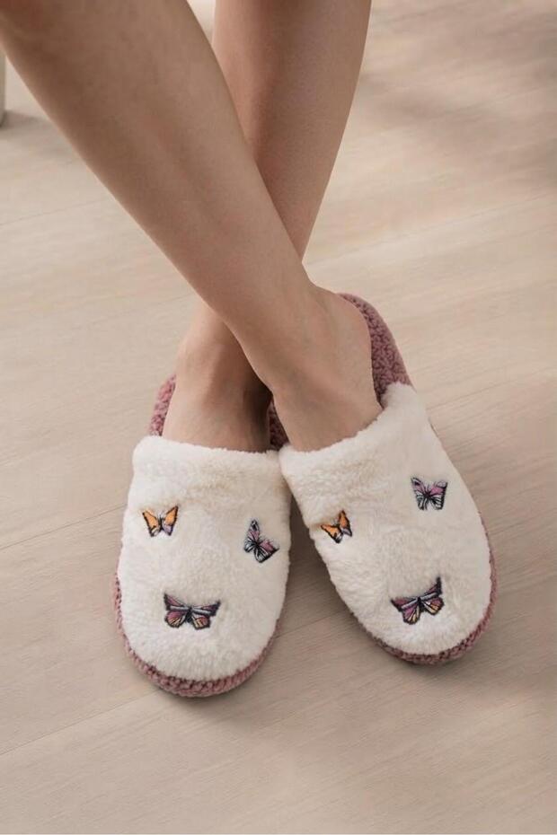 Women's Plush House Slippers Butterfly Patterned Soft Furry Winter House Slippers