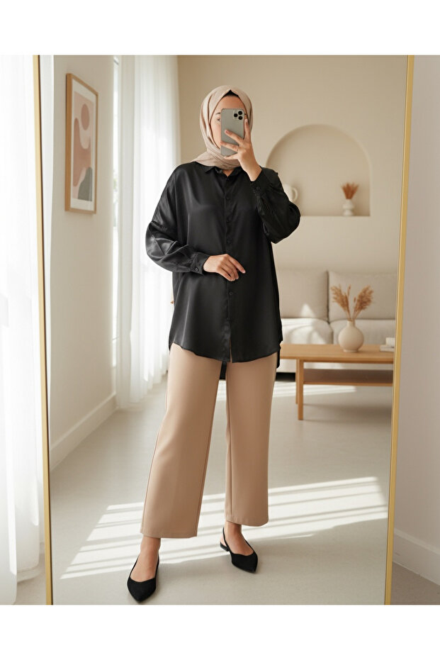 3985 Oversize Satin Shirt - Black