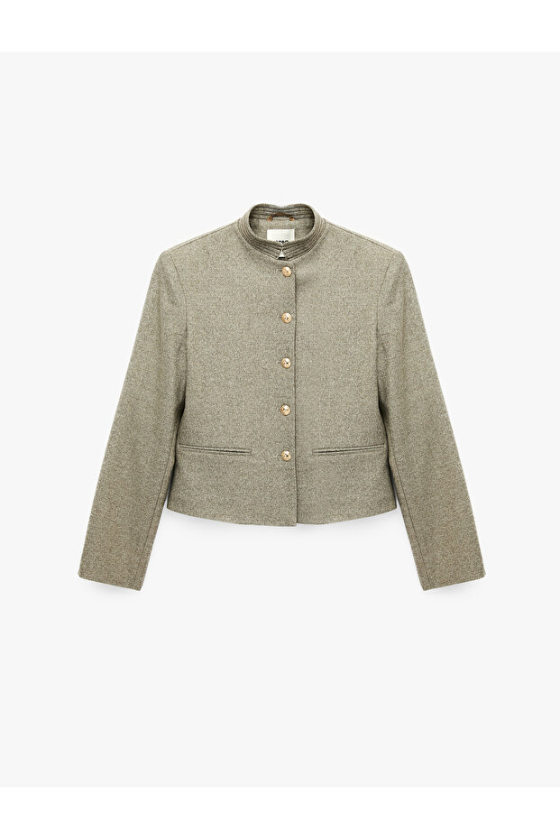 Pleated Back, Stand Collar, Pocketed, Metal Buttoned Blazer Jacket