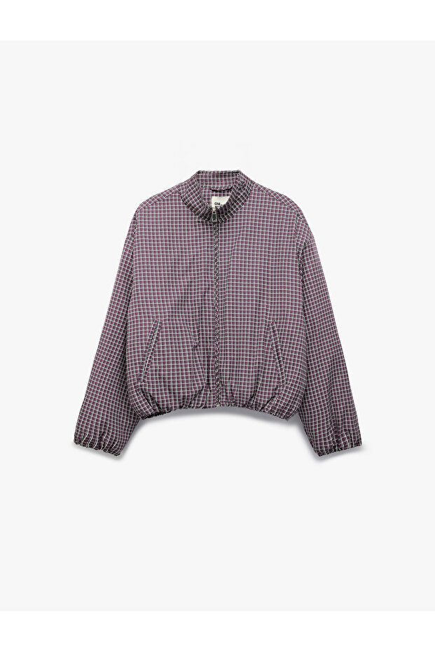Drawstring Checked High Collar Long Sleeve Zippered Seasonal Jacket