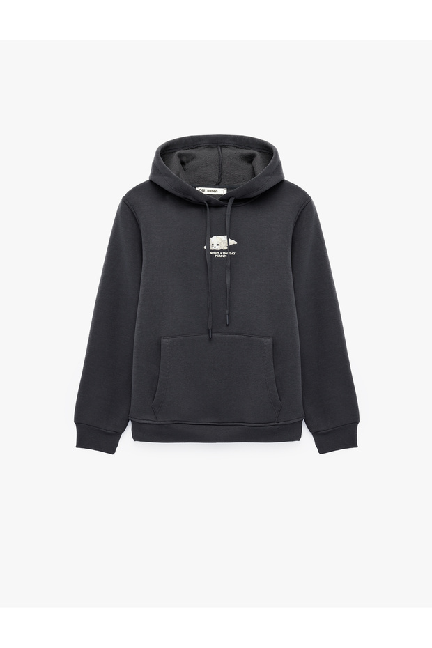 Fleece-Lined Long Sleeve Pocket Dog Embroidery Detailed Hooded Sweatshirt