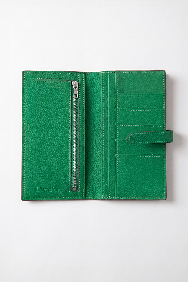 Genuine Leather Large Size Women's Wallet Green with Language Detail Lv910118