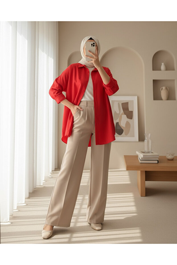 3900 Oversize Long Basic Shirt - Red