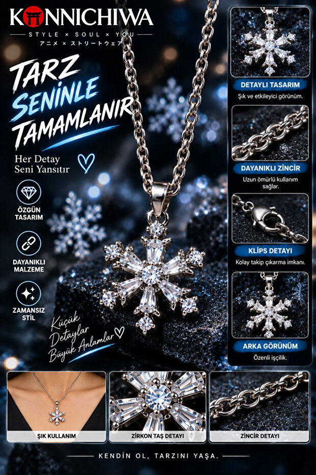 Snowflake Ice Crystal Necklace – Stone Detailed Design with Gold and Silver Color Options