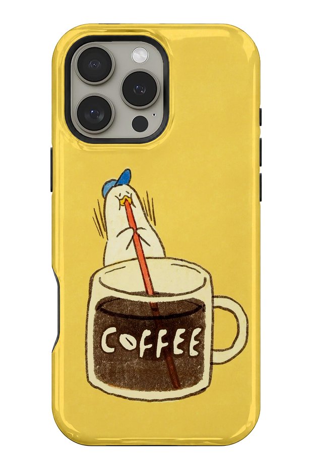Compatible with iPhone 14 Pro Max - Coffee-Drinking Duck, Dual Layer Tough Cover, Glossy Surface Protective Glossy Case