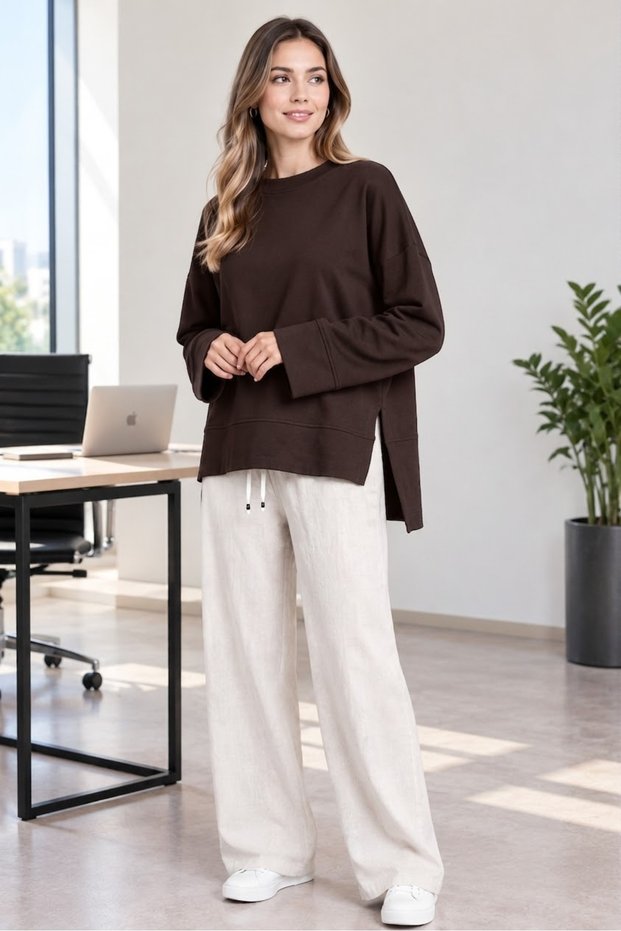 Tunic Blouse with Basic Side Slits and Detailing in Brown
