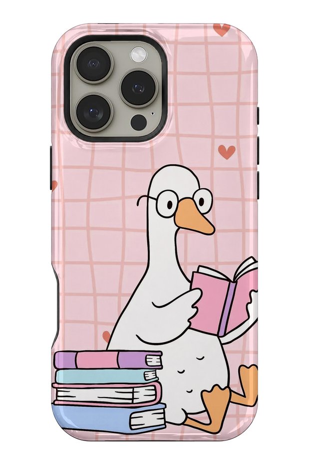 iPhone 15 Pro Compatible - Duck Reading a Book, Dual Layer Tough Cover, Glossy Surface Protective Glossy Case