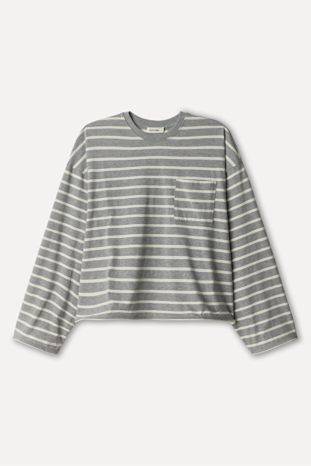 Women's Gray Melange Striped Loose Fit Crew Neck Sweatshirt