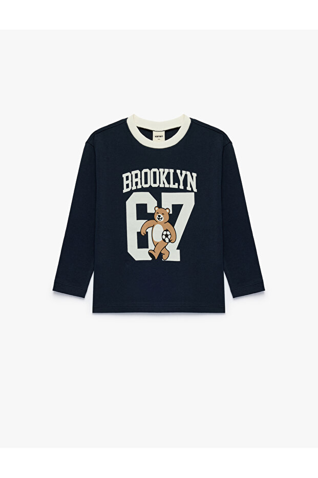 Teddy Bear Printed Cotton Crew Neck Long Sleeve Oversize T-Shirt