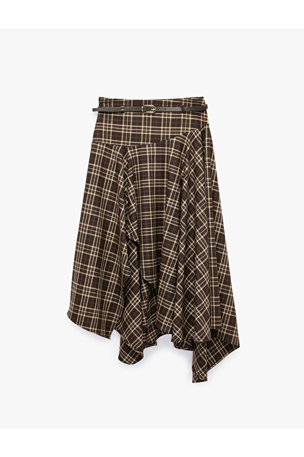 Normal Waist Belted Asymmetrical Cut Plaid Patterned Midi Skirt