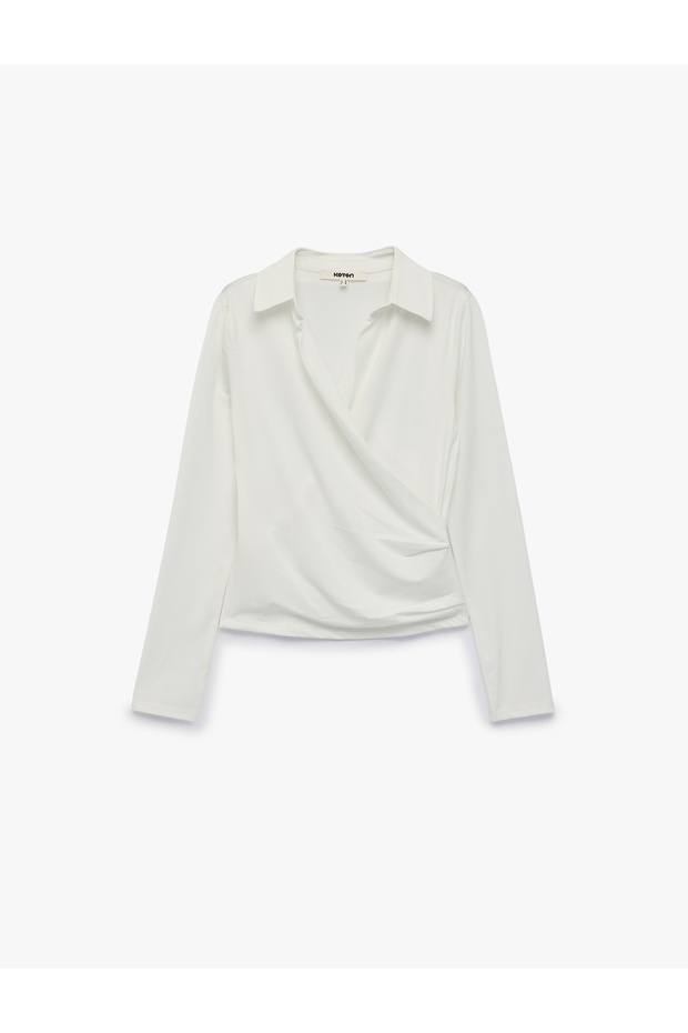 Comfortable Fit Classic Collar Long Sleeve Draped Double-Breasted Blouse