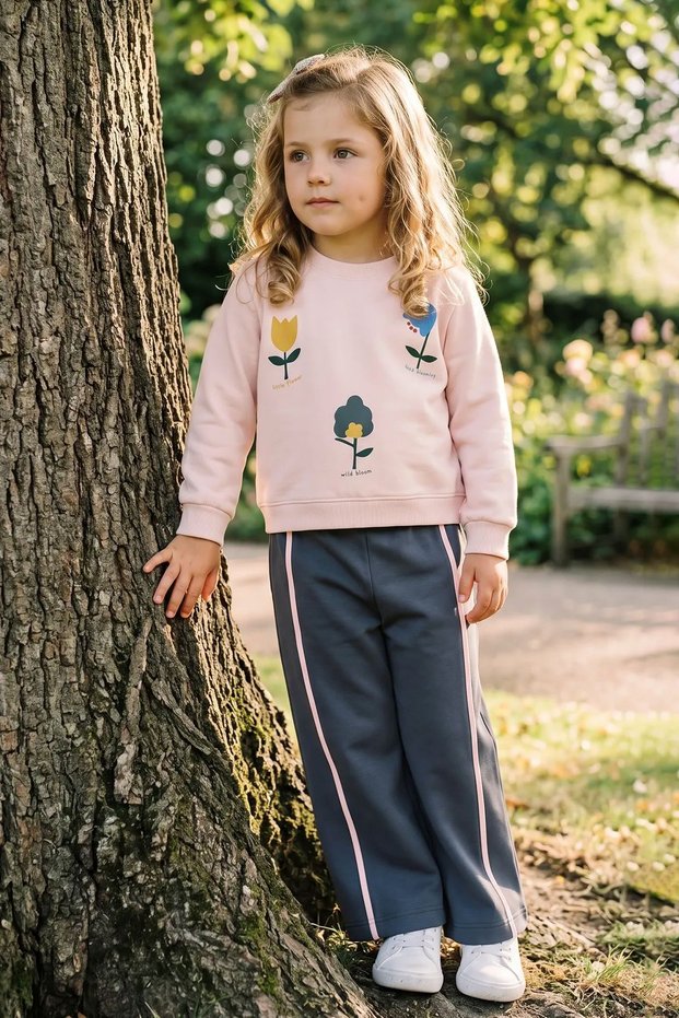 Girl's Long Sleeve Floral Printed Ribbed Wide Leg Tracksuit 2-Piece Top and Bottom Set