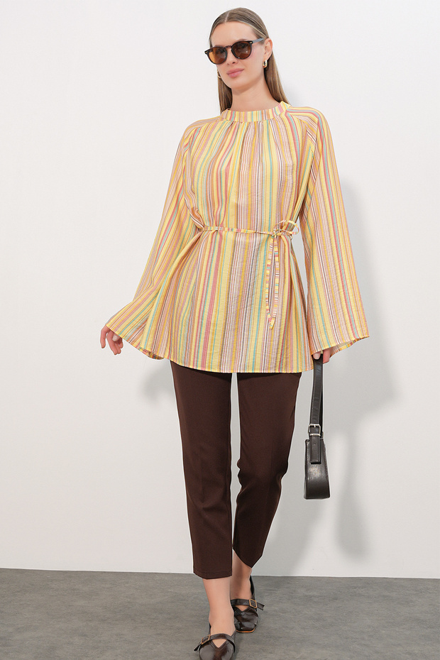 Women's Striped Lace-Up Oversized Tunic 50009 - Yellow