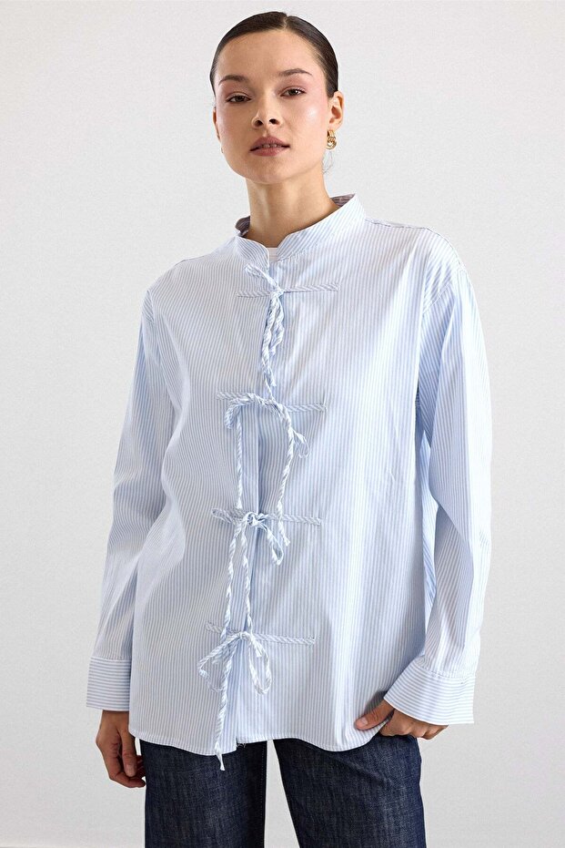 Lace Detailed Striped Shirt Blue 9476