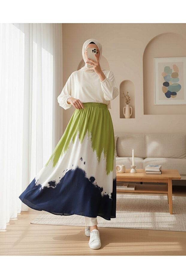 8025 Patterned Long Viscose Skirt - Green