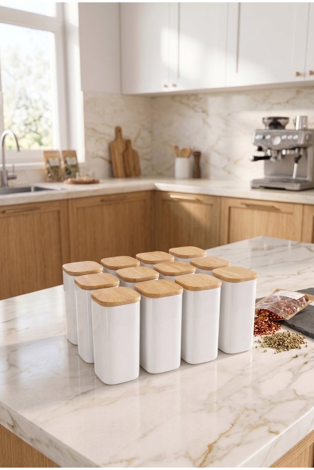 12-Piece 300 ml Vacuumed Bamboo Wooden Lid White Glass-Looking Acrylic Spice Jar Set | Label with Gift | Kitchen Organizer