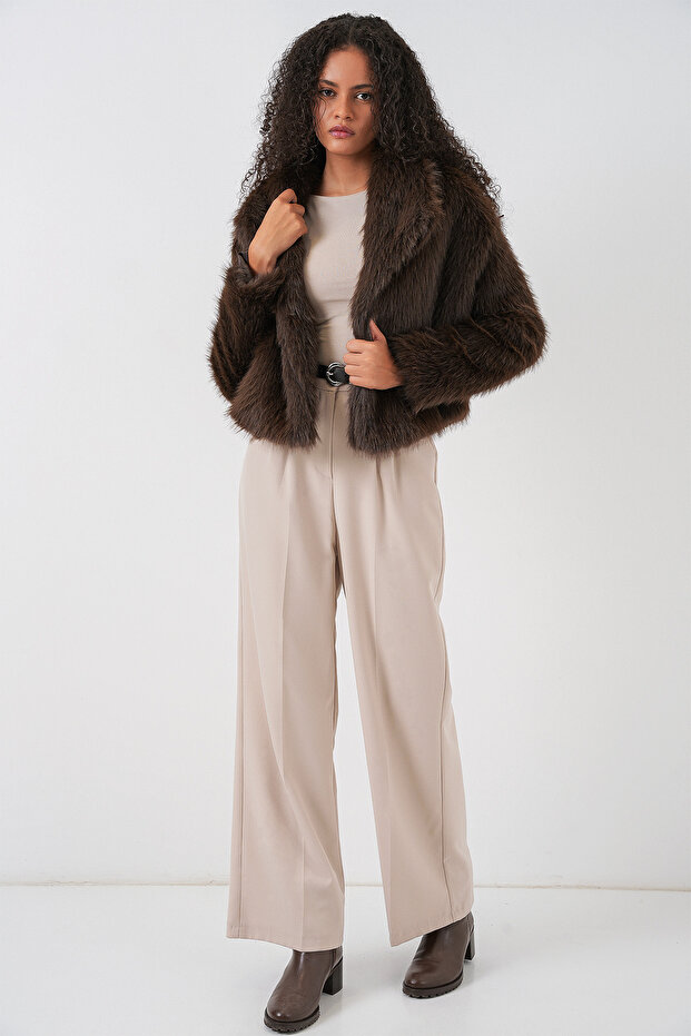 5186 Double-Breasted Plush Fur Coat - Brown