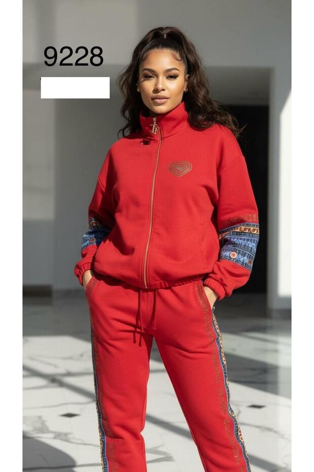 Women's Quality Sequined Sleeves Striped Zippered Double Tracksuit