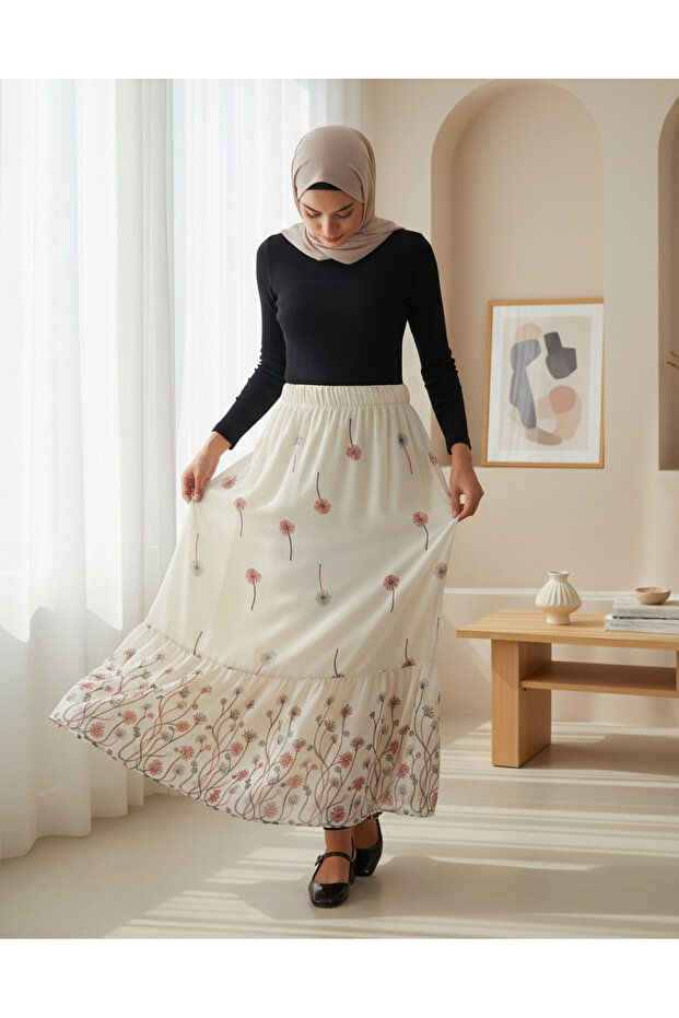 Women's Ecru Patterned Chiffon Skirt 8010