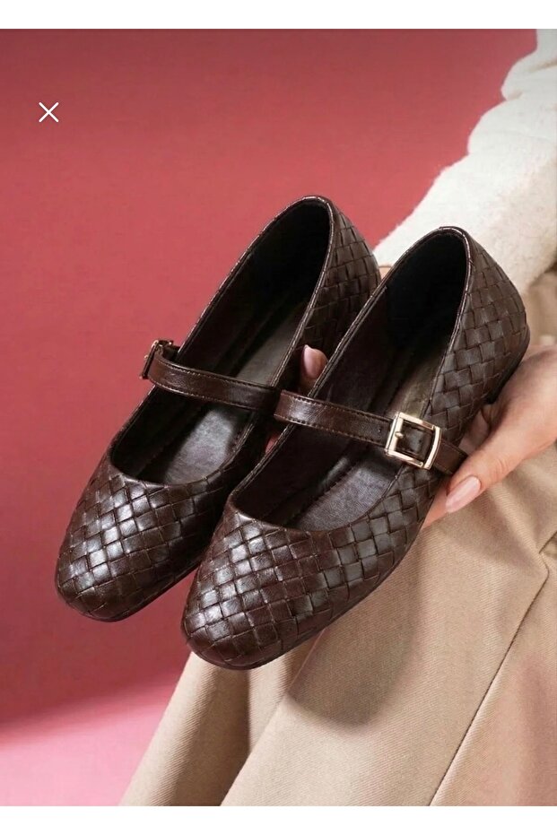 Brown Leather Knitted Textured Gold Buckle Belted Ballerinas