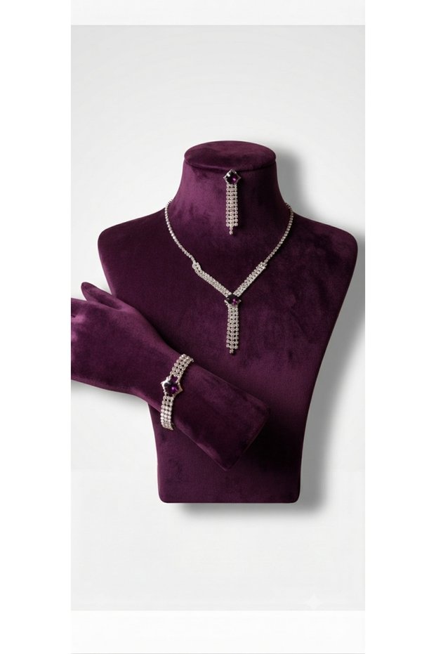 Purple Square Stone Necklace Earring Bracelet Set