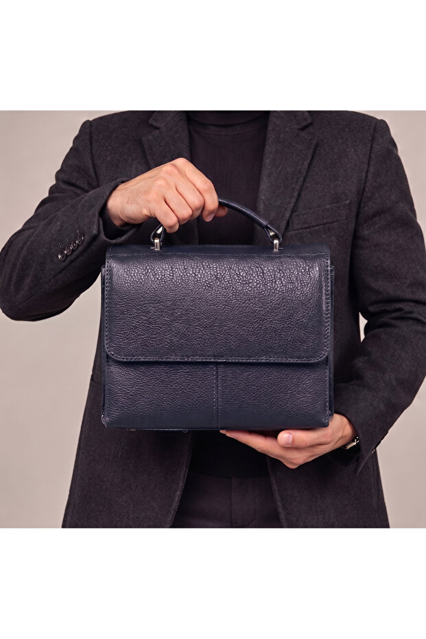 Genuine Leather Men's Briefcase Shoulder and Hand Bag Navy Blue Color
