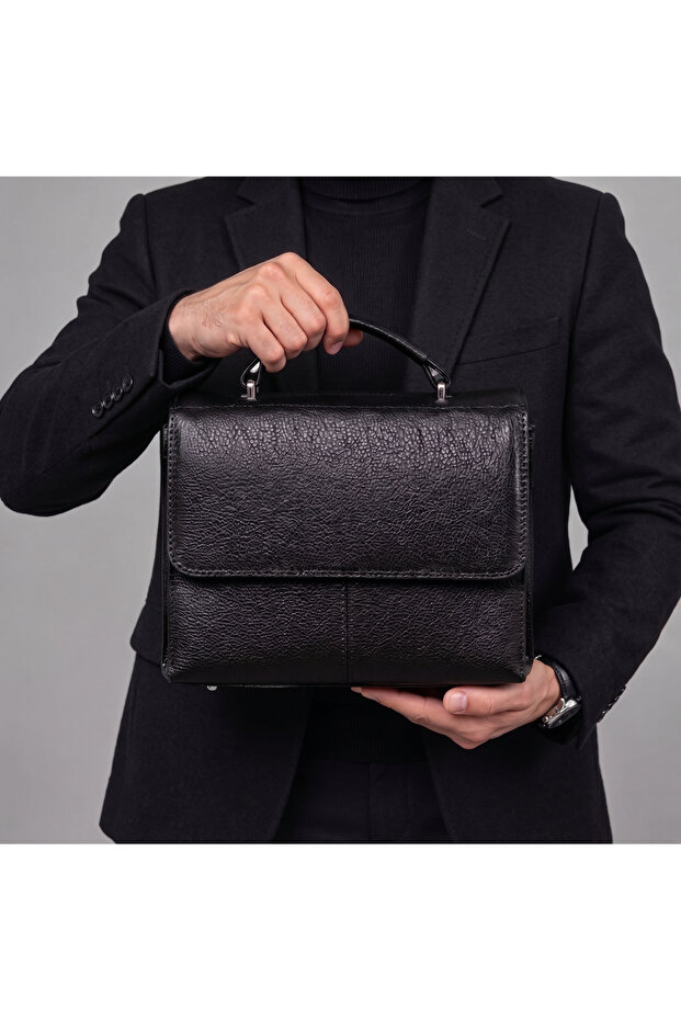 Genuine Leather Men's Briefcase Shoulder and Hand Bag Black Color