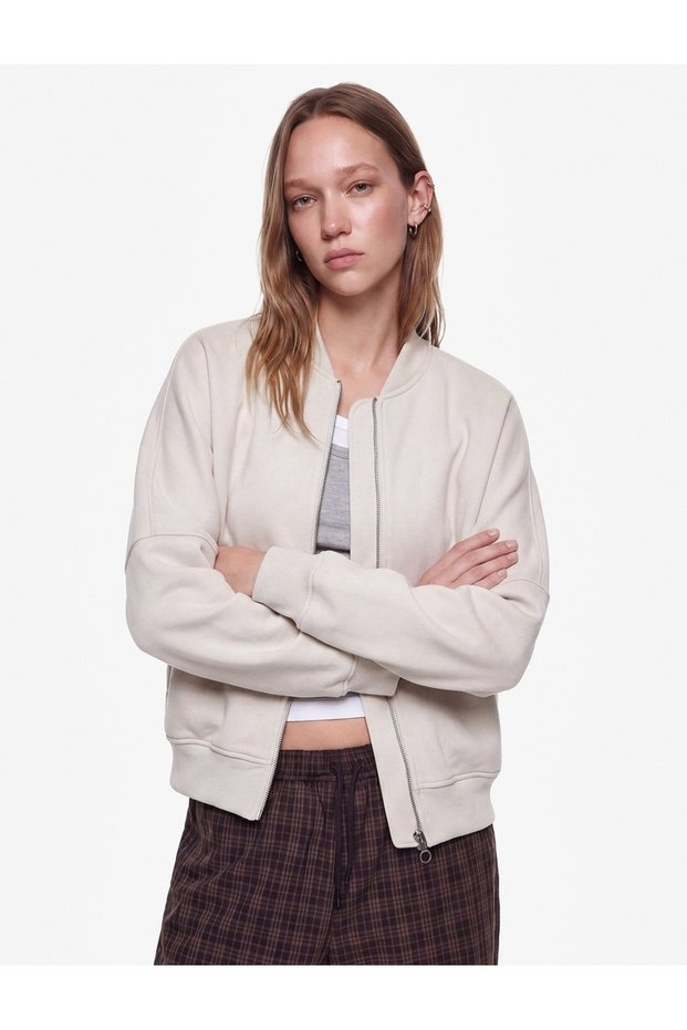 Comfortable Fit Ribbed Bomber Collar Ribbed Long Sleeve Zippered Sweatshirt