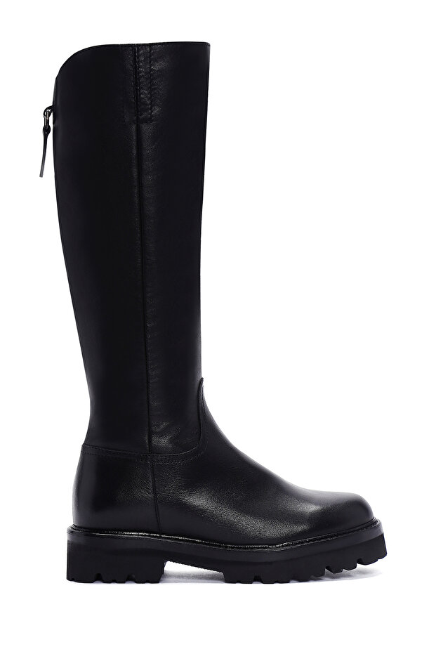 Women's Black Zippered Thick Soled Leather Boots Wf300007Df